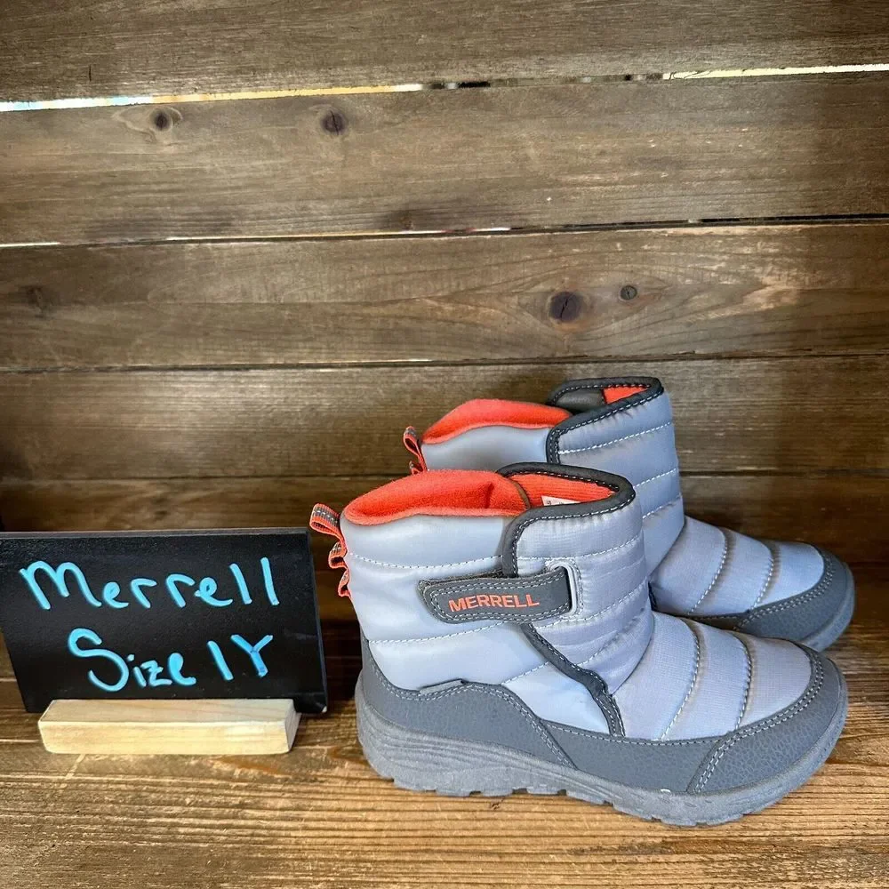 New Kids Merrell Polar‎ Puffer Gray Waterproof Insulated Winter Boots Size 1 Y